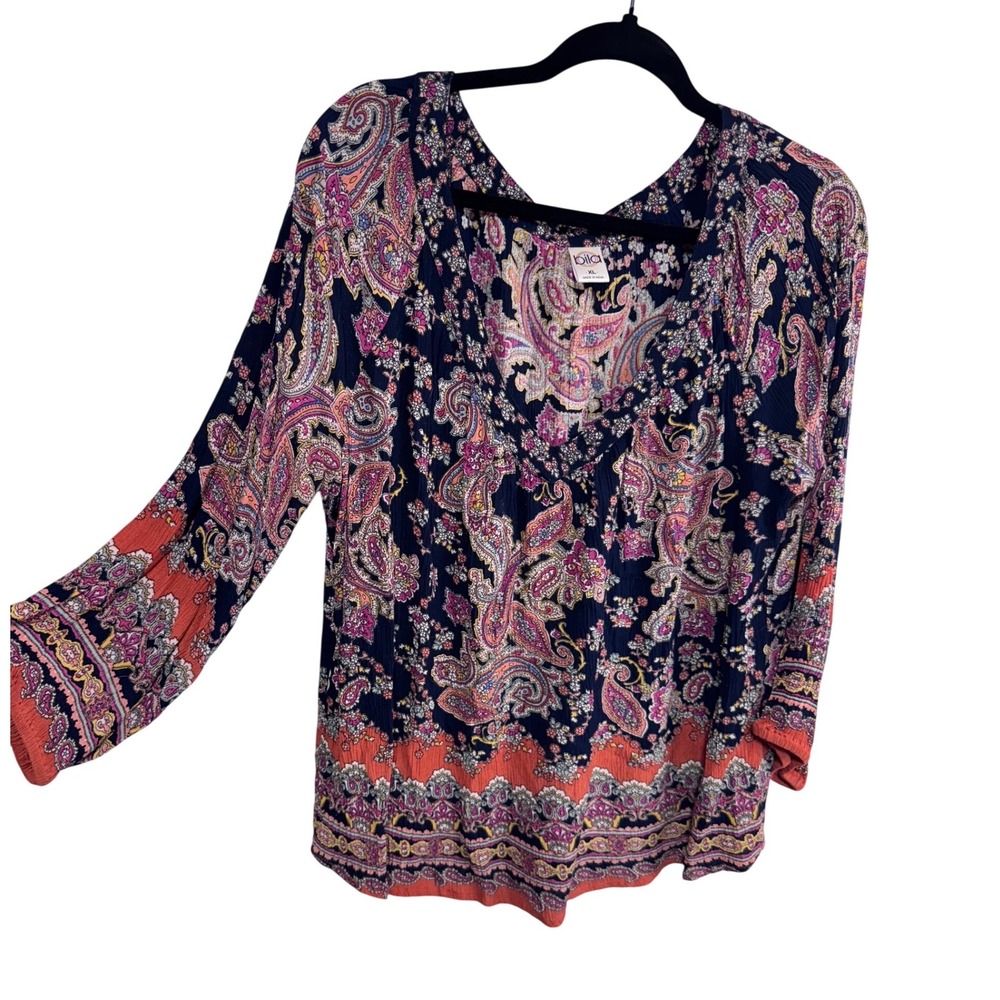 Bila Womens XL Boho Paisley Peasant Blouse Floral Bohemian Top V Neck 3/4 Sleeve